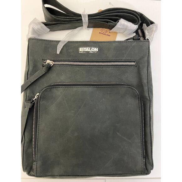 NWT Estalon charcoal gray distressed leather crossbody bag - Picture 2 of 8